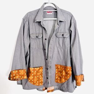 Wrangler Gray & Orange Button Down Patchwork Funky Mens Shirt XL